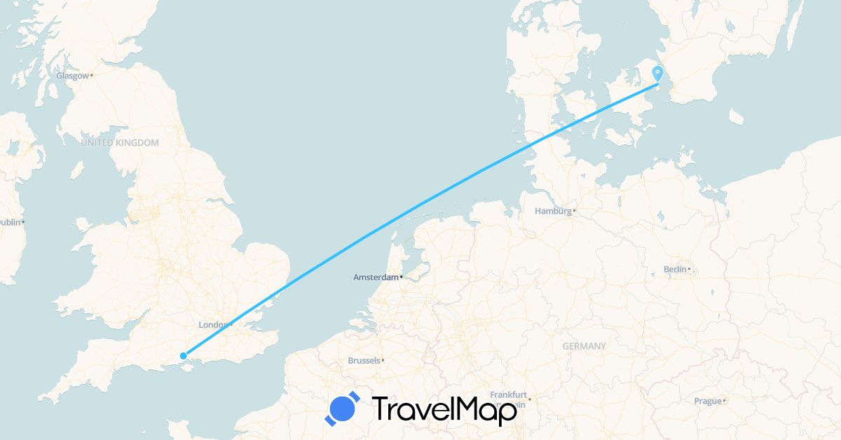 TravelMap itinerary: driving, boat in Denmark, United Kingdom (Europe)